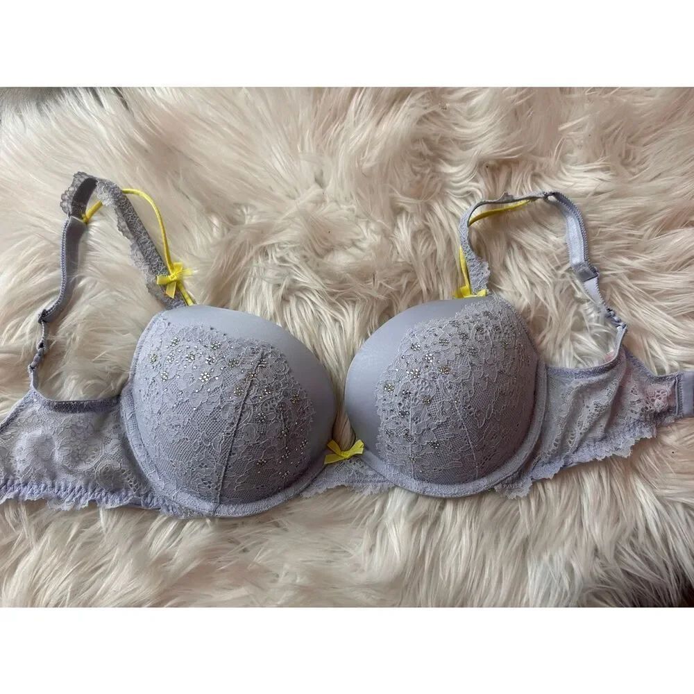 Victoria's Secret Denim Angels Push Up Blue Lace Rhinengstone Bra 32DD